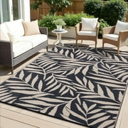 Waterproof Outdoor Rug 6x9 ft, Reversible Patio Rug, Outdoor Plastic Straw Rug with Leaf Pattern, RV Mat, Indoor Outdoor Carpet for Patio, Camping, Balcony, Deck, Backyard, Black \u0026 Beige